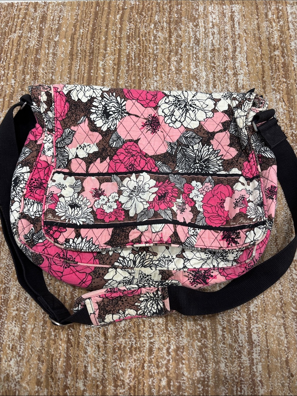 Vera Bradley Pink Floral Quilted Crossbody Bag with Black Strap